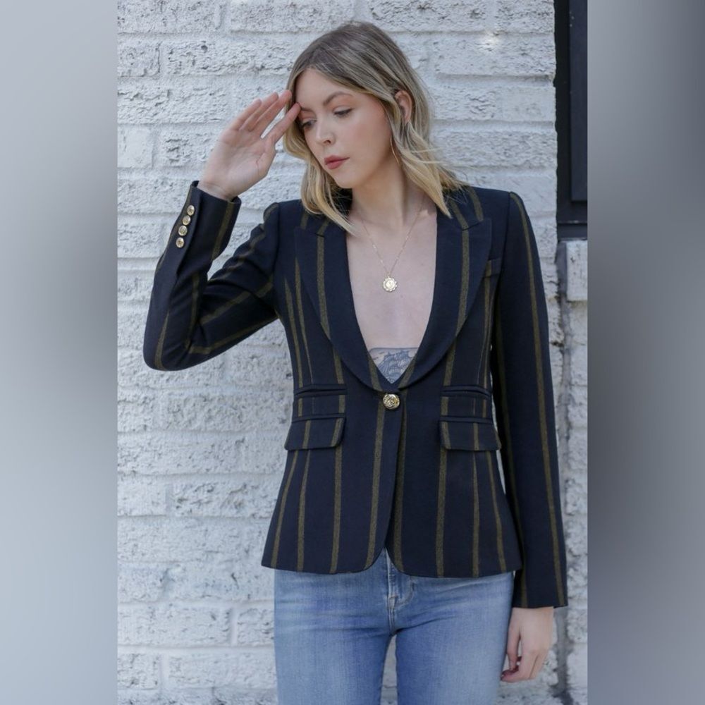 Smythe Peaked Lapel Blazer 100% Wool Jacket Black Mustard Stripe size 6